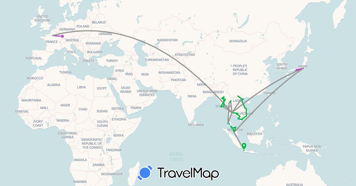 TravelMap itinerary: driving, bus, plane, train, hiking, boat in France, Indonesia, Japan, Cambodia, Myanmar (Burma), Malaysia, Thailand, Vietnam (Asia, Europe)